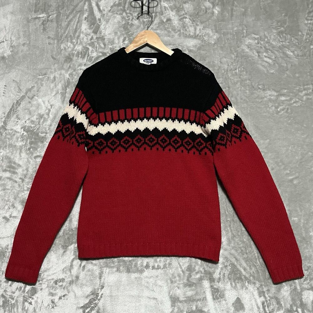 Vintage Old Navy Fair Isle Sweater Mens Sz S Red Y2k 100% Lambswool Thick Chunky
